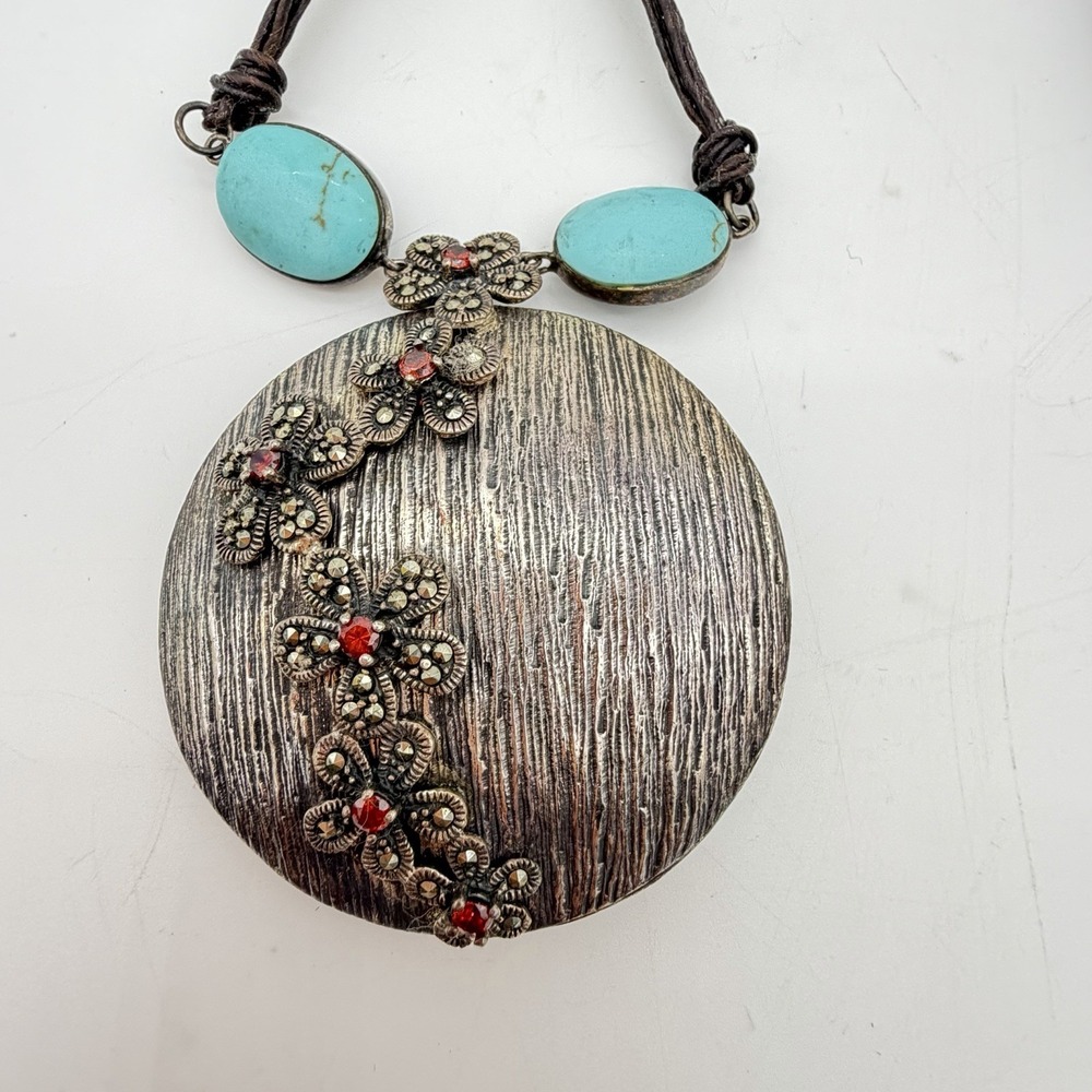 Vtg Sterling Silver Turquoise Necklace Statement Pendant W/ Red Stones Designer